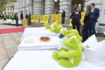 Freiberger Hoteliers protestieren mit Betten und Fröschen -