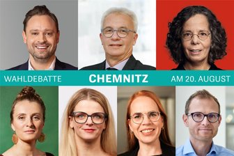 „Freie Presse“ Wahldebatte in Chemnitz: Diese Direktkandidaten schicken die Parteien auf das Podium - Das sind die Teilnehmer der Wahldebatte. Obere Reihe v. l.: Alexander Dierks (CDU), Steffen Wegert (AfD), Renata Marwege (SPD). Untere Reihe v. l.: Coretta Storz (Grüne), Susanne Schaper (Linke), Norma Grube (FDP) und Ronny Kupke (BSW).
