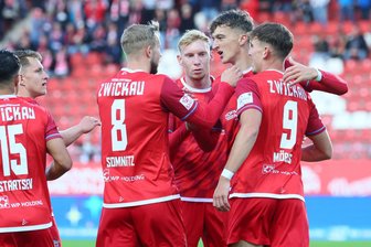 FSV Zwickau feiert glanzlosen Sieg gegen den Aufsteiger aus Magdeburg und klettert auf Tabellenrang sieben - Maximilian Somnitz, Josua von Baer, Torschütze Lukas Eixler und Vorlagengeber Lennert Möbius (von links) bejubeln die 1:0-Führung.