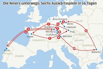 Fünf Spiele in elf Tagen: Niners Chemnitz auf Europatour - Die erste Reise nach Frankreich haben die Niners schon hinter sich, in Cholet waren sie am Dienstag. Ab Sonntag geht es weiter mit dem Spiel in Braunschweig (Punkt 3 in der Grafik).