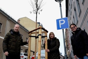 Für ein besseres Reichenbach: Lions haben schon das Jahr 2022 im Blick - Wie hier an der Ecke Weststraße/Bahnhofstraße sorgte der Lions Club kürzlich für mehr Grün in der Stadt. Die Baumspenden-Aktion wird im nächsten Jahr fortgesetzt, auch dafür stehen Martina Müller (Ex-Präsidentin) sowie Präsident Uwe Heimrath (rechts) und Vize-Präsident Lars Lange.