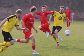 Fußball-Landesklasse: Fortschritt Lichtenstein holt gegen den VfB Auerbach II einen Zähler - Lukas Wilczynski (3.v.l.) von Fortschritt Lichtenstein steckte durch auf Josias Günnel (2.v.l.), der zum 2:1 traf.