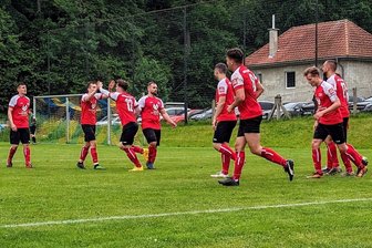 Fußball-Landesklasse: Oberlungwitz dreht Rückstand in Mülsen und macht großen Schritt Richtung Klassenerhalt - Oberlungwitz feiert den entscheidenden 3:1-Elfmetertreffer von Tom Reichel in der Nachspielzeit beim Auswärtssieg gegen Blau-Gelb Mülsen.