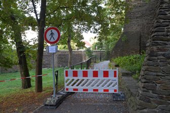 Gefahr für Fußgänger: Warum ein Gehweg an der Freiberger Stadtmauer gesperrt ist - Ein Teil der Ringanlagen entlang der Stadtmauer darf zurzeit nicht betreten werden.