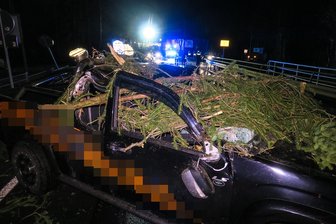 Geländewagen von Baum getroffen - B169 bei Aue gesperrt - Auf der B169 zwischen Aue und Lößnitz in Höhe des Stadions ist am Sonntagabend ein Geländewagen von einem umstürzenden Baum getroffen worden.