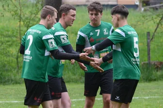 Gelungener Saisonstart für Waldkirchener Faustballer: Welche Ziele haben die Teams? - Abklatschen der Waldkirchener nach einem Punktgewinn: von links Norman Mothes, Ricky Weidner, Björn Mothes und Richard Völkel aus der ersten Männermannschaft.