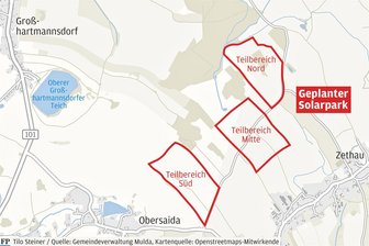 Geplanter Solarpark Zethau: Das ist der derzeitige Stand - Der geplante Solarpark Zethau besteht aus drei Teilgebieten. Das nördliche wurde verkleinert. Jetzt ist ein rund 100 Hektar großes Areal vorgesehen. Vorher waren es 114 Hektar.