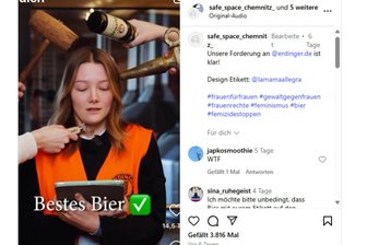 Gewalt gegen Frauen verharmlost? Erdinger Weißbräu kassiert auch aus Chemnitz Ärger für „lustiges“ Video - Szene aus dem inzwischen gelöschten Clip: Die junge Frau liest Text ab, wird dabei vermeintlich bedroht. Bei Erdinger zeigte man sich angesichts der wütenden Reaktionen überrascht.