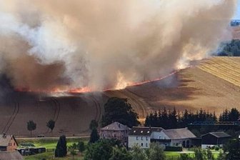 Auf einer Breite von mehr als 260 Metern fraß sich das Feuer durch das Getreidefeld an der Bundesstraße 93 in Schneeberg. Der Rauch war bis nach Aue zu sehen.