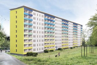 GGG: Bezahlbares Wohnen Schwerpunkt bei Investitionen 2020 - Entwurf für die für 2020 geplante Modernisierung eines Neungeschossers an der Carl-von-Ossietzky-Straße im Beimlergebiet.