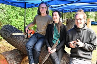 Gitarren und Kettensägen: Kunst an der Talsperre Kriebstein lässt aufhorchen - Sarah Hillebrecht, Lukas Schmid (r.) und Christoph Roßner erschaffen aus Baumstämmen bis zum Sonntag an der Talsperre Kriebstein die „Kunst am Wasser“.