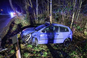 Glauchau: Nächtliche Alkoholfahrt endet im Straßengraben - Der VW Polo im Straßengraben. Erst stieß das Fahrzeug gegen einen Leitpfosten, dann noch gegen einen Baum.
