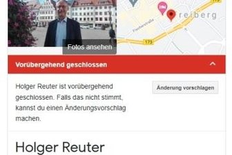 Glosse: Google schließt Holger Reuter - Screenshot bei Google: Holger Reuter ist vorübergehend geschlossen.