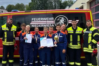 Gold für Niederwiesaer Nachwuchsfeuerwehrleute: So machen erfahrene Kameraden den Nachwuchs fit - Stolze ausgezeichnete Nachwuchs-Kameraden: Die Jugendfeuerwehr Niederwiesa hat 2024 den mittelsächsischen Kreisausscheid in der Disziplin Gruppenstafette gewonnen.