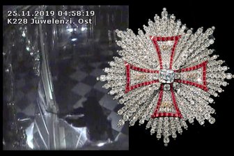 Grünes Gewölbe: Verwirrung um gestohlenen Schmuck - Diese beiden Teile der gestohlenen Juwelenensembles sollen im sogenannten Darknet - einem verschlüsselten Teil des Internets - angeboten worden sein. Die Aufnahme links stammt aus der Überwachungskamera des Grünen Gewölbes. Sie zeigt, wie ein Täter eine Vitrine mit einer Axt zerstört.