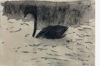 Grafikerin Nadja Poppe: Eine stille Sächsin am Meer - Stille, bewegte Welt: "Grahler Fähre 2 (Schwan)" von Nadja Poppe, entstanden 2021 während ihres Stipendiums an der Ostsee.