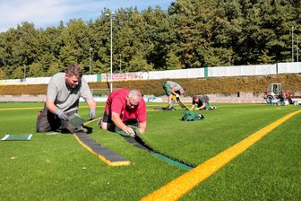 Granulatverbot lässt Fußballer im Erzgebirge kalt - Der Kurt-Löser-Platz in Annaberg ist seit dem 10. Oktober 2023 wieder nutzbar. Dustin Thiele, Robert Bauer, Falko Herrmann und Rainer Zimmermann (v. l.) von der Firma Artifex Sportanlagenservice Weimar haben kräftig Hand angelegt, um das neue Schmuckstück fertigzustellen. Es kommt ohne Granulat aus und entspricht damit den aktuellsten Umweltanforderungen. 