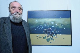 Graupner-Preisträger stellt in Wildenfels aus - Jürgen Szajny mit seinem Preisträgerbild "Wer Wind sät wird Sturm ernten". 