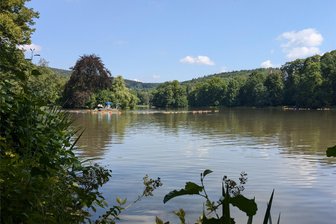 Greizer Parksee wird von Schlamm befreit - Der Greizer Parksee. Im Hintergrund das Amphibienfahrzeug, mit dem Schlamm vom Grund abgesaugt wird.