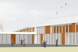 Grundsteinlegung für neue Körperbehindertenschule in Chemnitz - Das neue Schulzentrum: Links die eigentliche Schule, in der Mitte die Mensa und rechts die Sporthalle.