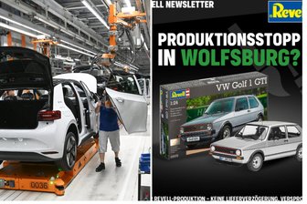 „Haben die besseren Sportsitze“: So witzelt Revell über Chipkrise und möglichen Produktionsstopp bei Volkswagen - Steht im VW-Werk Zwickau (links) ab nächster Woche Kurzarbeit an? Der Konzern widerspricht einem Bericht der „Bild“. Derweil nutzt Revell die Chipkrise bei VW für Werbung in eigener sache.