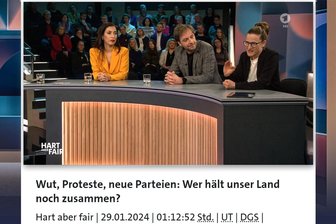 „Hart aber fair“: Freibergerin Maria Fichte widerspricht Sahra Wagenknecht - Die Freibergerin Maria Fichte (r.) spricht in der TV-Sendung „Hart aber fair“. Links sitzt Unternehmerin Tijen Onaran, in der Mitte Nils Kumkar, Projektleiter am Forschungsinstitut gesellschaftlicher Zusammenhalt an der Uni Bremen.