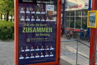 Hatte „Freiberg für alle“ im Wahlkampf Schützenhilfe vom Freistaat? - „Freiberg für alle“ hat - wie hier im Wohngebiet Wasserberg - auch an Bushaltestellen in der Silberstadt für seine Kandidaten für den Stadtrat geworben. Vier Bewerber und Bewerberinnen haben ein Mandat errungen.