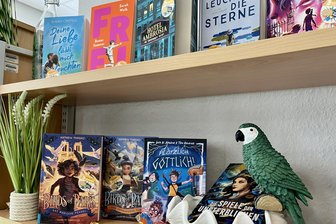 Heiße Tage, coole Bücher: Der Buchsommer 2025 startet und Schwarzenberg ist wieder mit dabei - Das Regal mit den neuen Büchern für den Sommer 2025 ist liebevoll dekoriert.