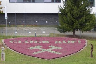 Herbstlicher Farbtupfer in der Innenstadt von Aue: Beet grüßt jetzt mit „Glück auf!“ - Blick auf das sogenannte Wismut-Wappen-Beet in Aue, das neu bepflanzt worden ist.
