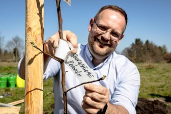 Hier kommt die „Burgstädter Renette“ in die Erde: Was das Chemnitzer Apfelbaum-Projekt mit Berufsorientierung zu tun hat - Homatec-Chef Mario Heinrich hat sich für die „Burgstädter Renette“ entschieden, eine Apfelsorte mit Heimatgeschichte.