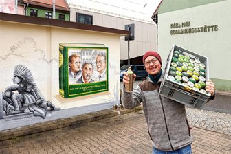 Hohenstein-Ernstthal: Der Trafohäuschen-Sprayer hatte schon Erlebnisse mit der Polizei und schimpfenden Seniorinnen - André Wolf am neugestalteten Trafohäuschen am Karl-May-Haus in Hohenstein-Ernstthal.