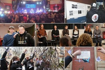Holocaust-Gedenktag: Warum Prinzen-Frontmann Sebastian Krumbiegel Zwickau cool findet - Ein aktionsreicher Tag in Zwickau: Konzert und Ausstellung im Alten Gasometer (oben), Lesung mit Jakob Springfeld und Sebastian Krumbiegel sowie von jungen Leuten im Gewandhaus (Mitte), Anbringen von Origami-Kranichen vor der Gedenktafel am Georgenplatz (unten).
