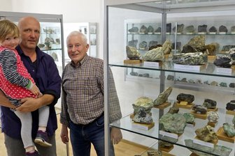 Hüter der Nickelerz-Ausstellung kämpfen für Erhalt der Sammlung - Frank Löcse, hier mit Töchterchen Giulia, und Thomas Grünert sind die Hüter der mineralischen Schätze, die im ehemaligen Nickelerz-Abbaugebiet geborgen und gesammelt wurden. Ein Großteil davon ist seit 2018 in der Kulturellen Begegnungsstätte in Reichenbach zu sehen.