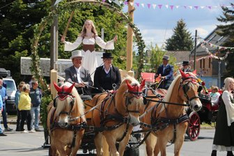 Hunderte Besucher auf den Beinen: So schön war der Festumzug im kleinen Thierbach - Ein Hingucker: das Dorfsiegel von Thierbach mit Sophia Baum.
