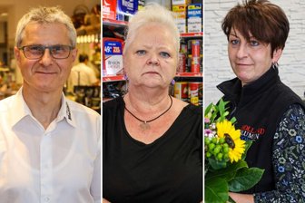 „Ich bin stinksauer“: Vollsperrung von wichtiger Straße im Erzgebirge sorgt für Kundenschwund – Händler verzweifelt - Trifft die Baustelle in der Innenstadt von Aue hart: Jochen Matthes vom gleichnamigen Feinkosthaus, Iris Schauer von der Tabakbörse (M.) und Heike Höhlig vom Holland-Blumenshop.