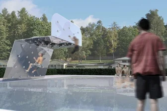Im Freibad Haselbrunn soll bald auch geklettert werden können - So soll die künftige Kletterwand einmal aussehen: Über der Wasserfläche in die Höhe kraxeln und sich dann fallen lassen.