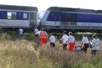 Im Pannenzug Chemnitz-Leipzig: Manche Fahrgäste kämpften sich zu Fuß zum nächsten Bahnhof durch - Diese Fahrt endet hier (vorerst): Feuerwehr DRK versorgten Reisende des liegen gebliebenen MRB-Zugs Chemnitz-Leipzig mit Wasser. 