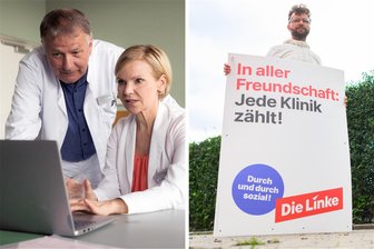 „In aller Freundschaft“: Nach Zoff um Linken-Wahlplakat - MDR und Partei legen Streit bei - Sachsens Linken-Geschäftsführer Lars Kleba (r.) mit dem Plakat, das für Ärger sorgte. Die Serie „In aller Freundschaft“ (Szene, l.) läuft seit Oktober 1998 im MDR.