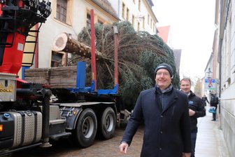 In Freiberg weihnachtet es sehr: Wie der Baum für den Christmarkt neue Herausforderungen meisterte - In der Waisenhausstraße nimmt Freibergs Oberbürgermeister Sven Krüger den Baum in Empfang.