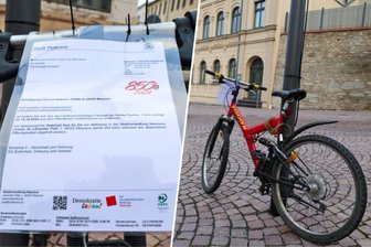 In Klarsichtfolie und mit Kabelbindern am Lenker befestigt: Meerane verteilt das erste „Knöllchen“ für ein Fahrrad - Am Mountainbike auf dem Teichplatz ist das Schreiben aus dem Dezernat für Ordnung und Sicherheit befestigt.