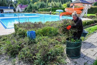 Ist das Garnsdorfer Bad noch bezahlbar? - Diana Wolf verschneidet Sträucher am Beckenrand des Sommerbades Garnsdorf. Die Saison ist beendet.