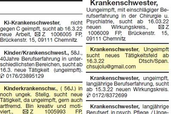 Job-Anzeigen in Zeitungen: Kein Beleg für angebliche Kündigungswelle bei Medizin- und Pflegepersonal - Ausriss aus dem Anzeigenteil der "Freien Presse" vom 22.Januar. 