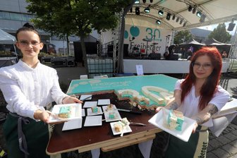 Jubiläum in schwierigen Zeiten: Freiberger Compound Materials feiert 30. Geburtstag - Große Torte zum 30. Geburtstag von Freiberger Compound Materials: Victoria Haupt (l.) und Denise Friedl präsentieren Süßes.