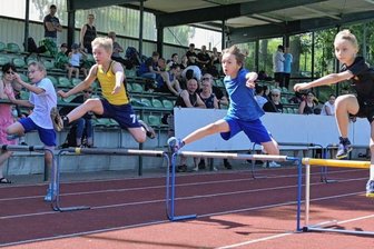 Junge Jahrgänge stark vertreten - Beim 60-Meter-Hürdenlauf der M 10 sind von links Veit Gruber (SV Theuma), Gesamtsieger Colin Ludwig (ESV Lok Adorf), Toni Hengst (SG Jößnitz) und Charly Wolfram (SC Syrau) zu sehen. 