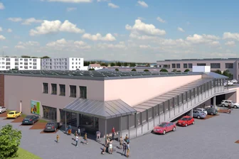 „Kahlschlag wäre eine Katastrophe“: Kunden wegen des stockenden Umbaus im Baikal-Center in Zwickau in Sorge - Baikal-Center von der Neuplanitzer Straße aus: Wo aktuell Rewe ist, hat die Firma Realadaptive Aldi-Werbung platziert (links).