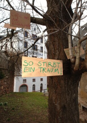 Bürger protestieren mit Schildern gegen den Kahlschlag des Kirschbaums