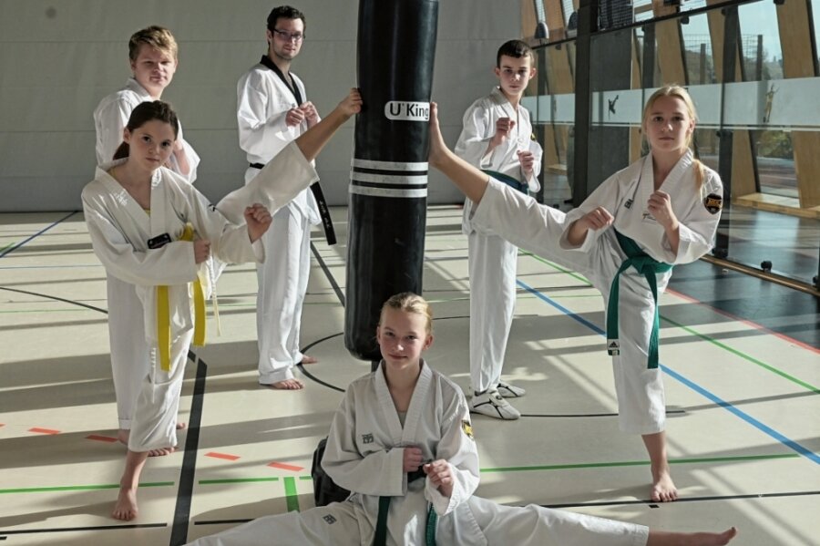 Kampfkunst erfährt viel Zuspruch - Lina Deim, Maximilian Raphael Petzoldt, Justin Unger, Toni Radecker und Chayenne Kröcher (v. l.) sowie Maya Dittmann-Schädlich (M.) trainieren unter dem Dach der SG Nickelhütte Taekwondo. 