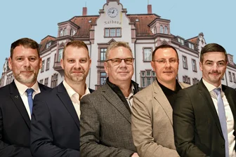 Kandidaten für OB-Wahl in Aue-Bad Schlema im Check: Wie wird die Stadt für Familien attraktiver? - Sie sind zur OB-Wahl in Aue-Bad Schlema als Kandidaten im Rennen: Lars Bochmann (AfD, Foto v. l.), Marcus Hoffmann (CDU), Danny Weber (Freie Wähler), Stefan Hartung („Freie Sachsen“) und Tony Neuß (Linke).