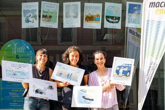 Karikaturenmeile in Mittweida startet: Klima, Konsum und Krisen im Fokus - Kirsten Helmstedt (l.), Kerstin Rudolph und Kristina Wittig (r.) mit ein paar Karikaturen.