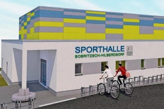 Kein Sporttreiben mehr wie vor hundert Jahren - Die Visualisierung zeigt, wie die neue Sporthalle in Niederbobritzsch einmal aussehen soll. Der Grundstein ist gelegt. Wenn alles reibungslos läuft, kann die Halle zum Beginn des Schuljahres 2022/23 für Schul- wie Vereinssport zur Verfügung stehen. 